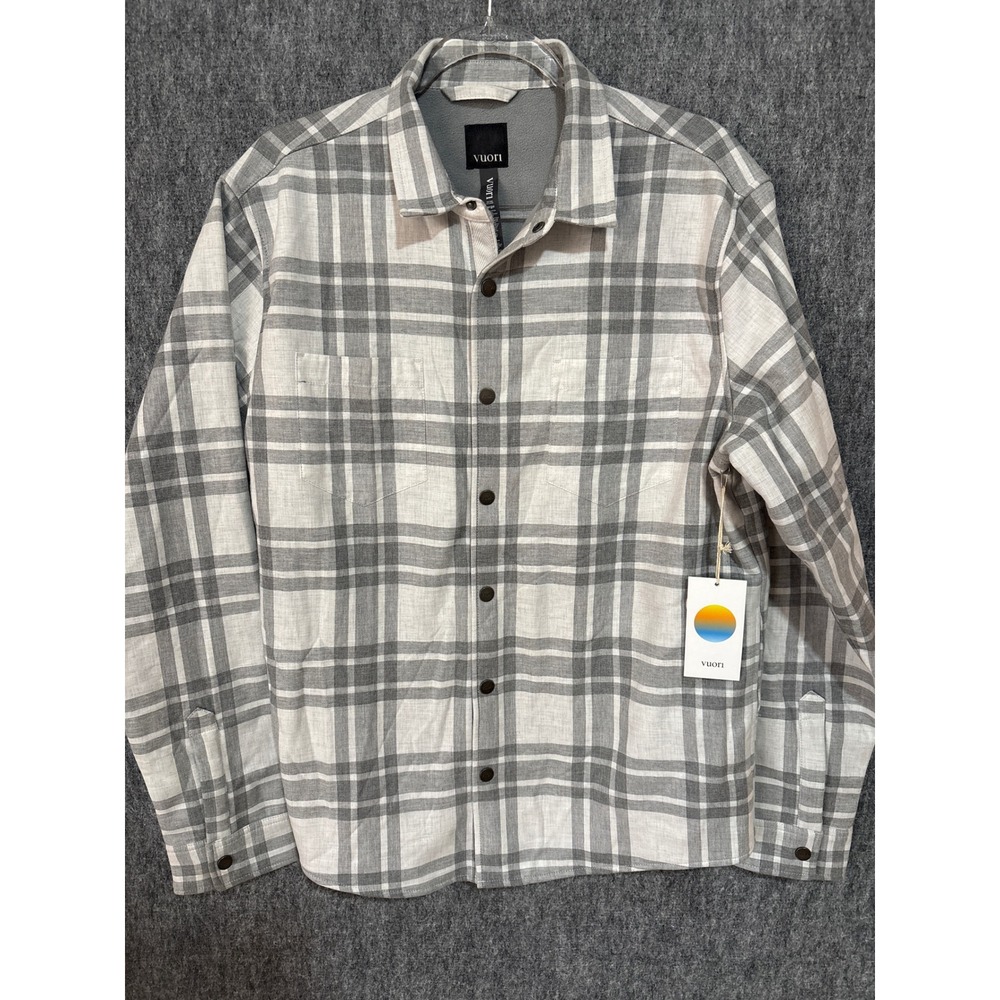 Vuori Range Mens Shirt Jacket Large Plaid Flannel Snap Fleece Lined Shacket Gray